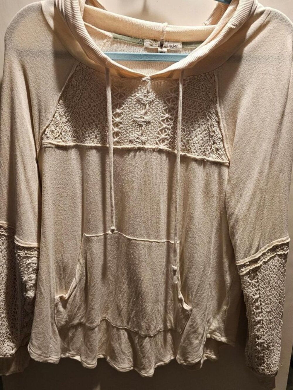 Cream lace long sleeve top with hood